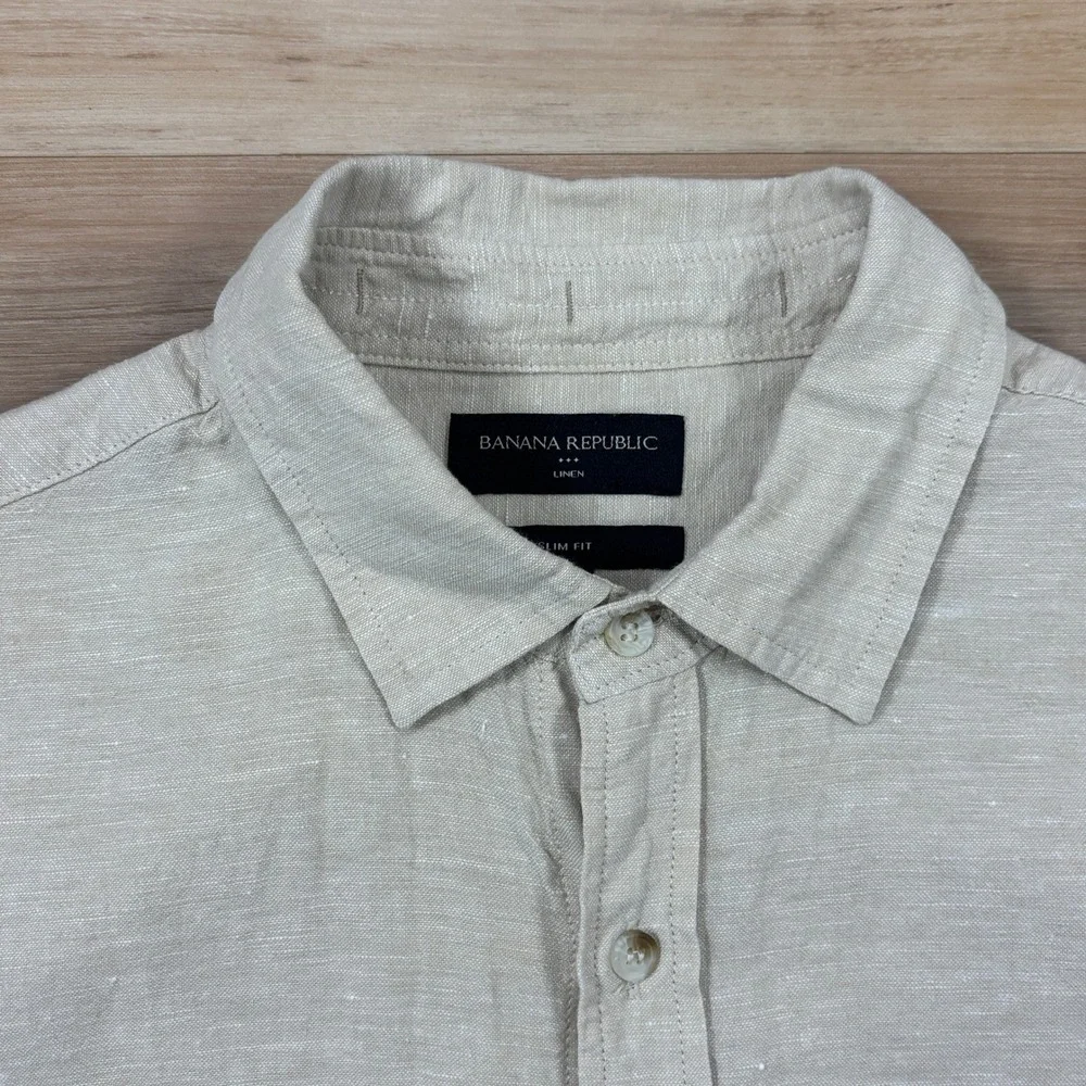Banana Republic Shirt Mens M Minimalist Linen Cotton Slim Fit Beige Summer Khaki